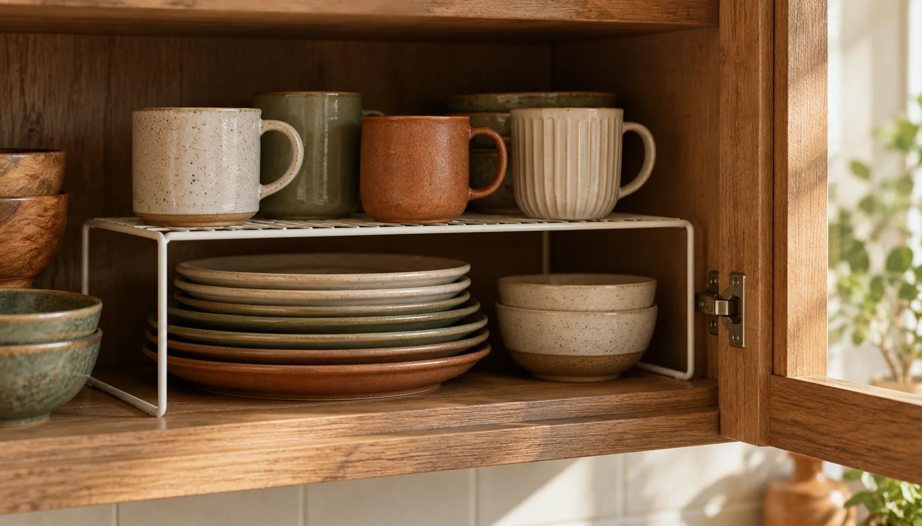 Small kitchen cabinet with a wire shelf riser holding mugs above a stack of plates in warm natural light