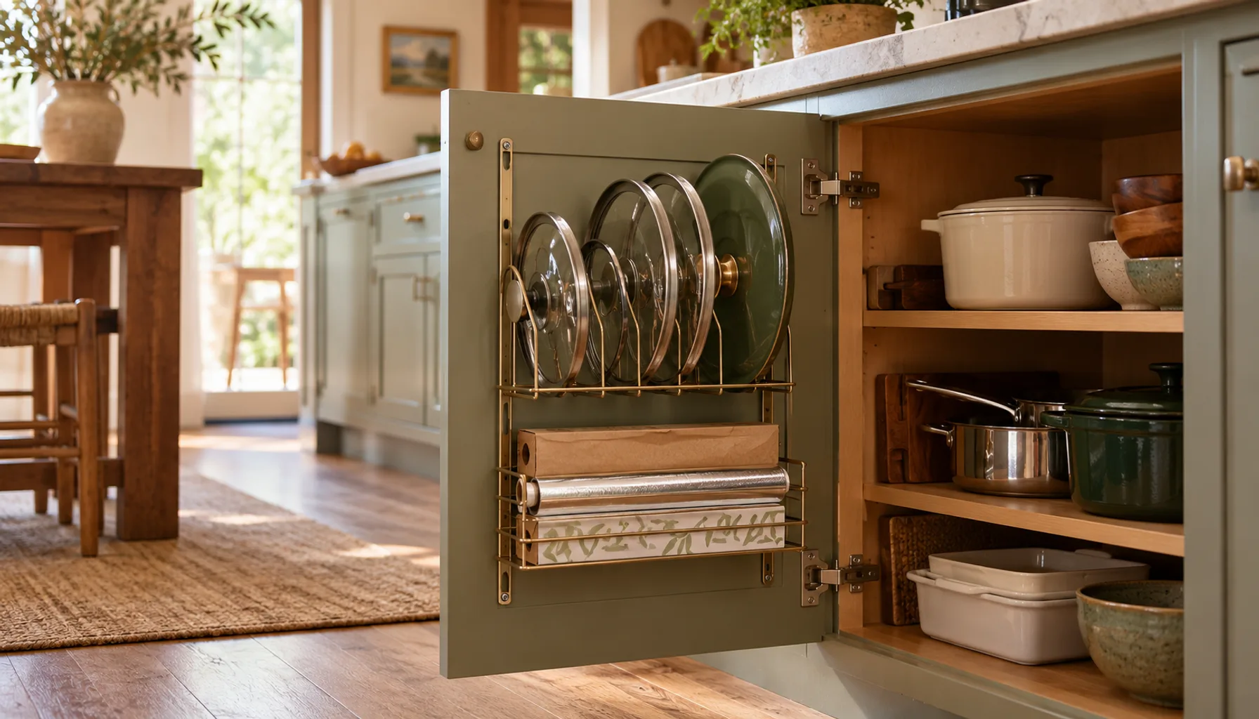 Inside of a kitchen cabinet door with a slim rack holding pot lids and foil boxes