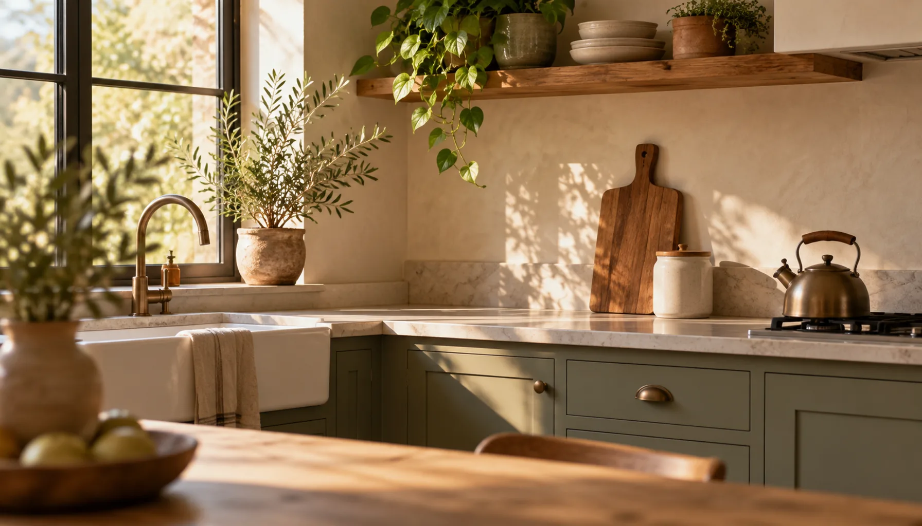 Clear kitchen counter with only a kettle, a wooden cutting board, and a small canister set in warm morning light