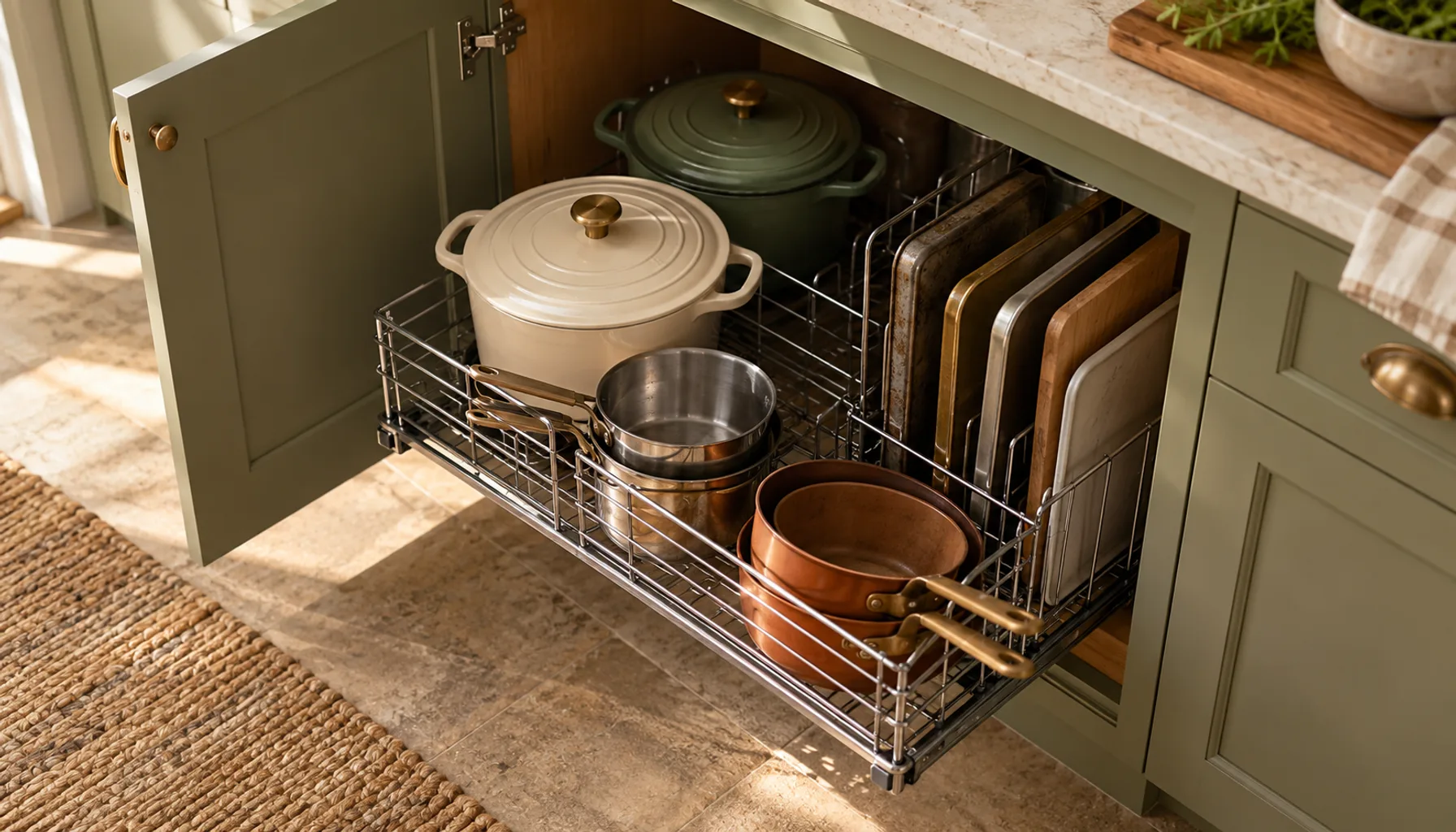 Overhead view of a neat lower kitchen cabinet with pull-out wire basket holding pots and a vertical divider holding baking sheets