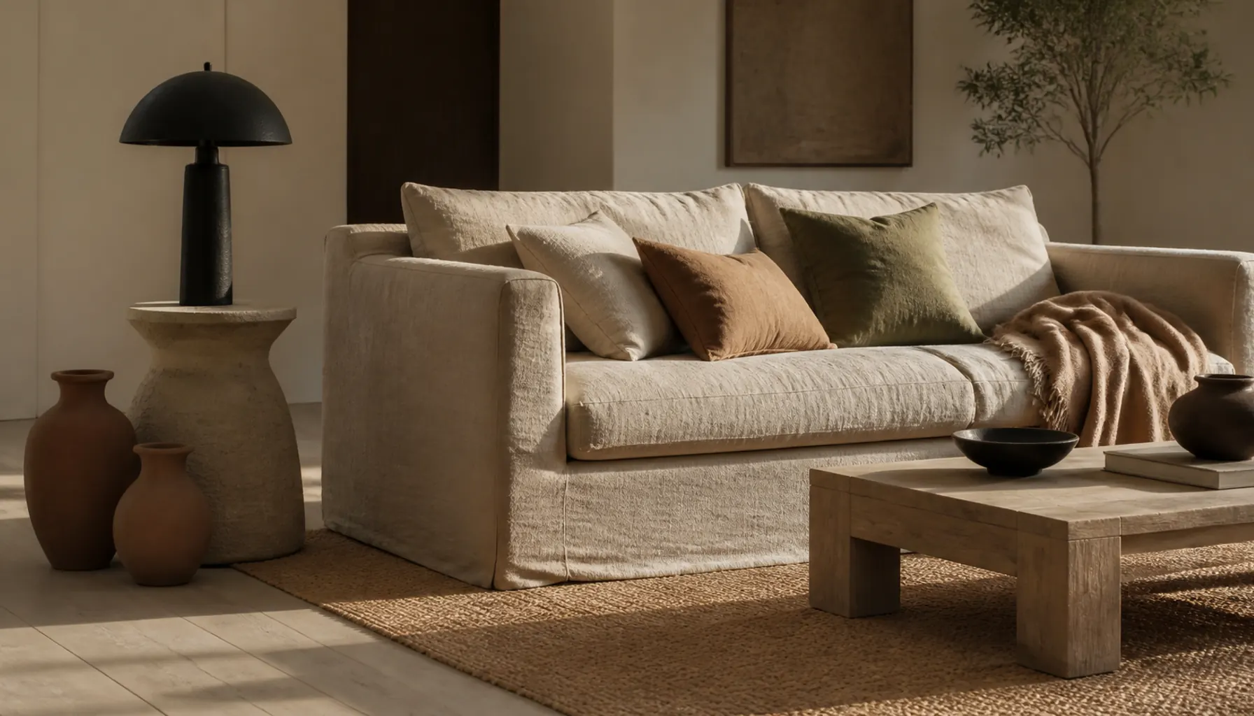 Warm neutral living room with a jute rug, slubby linen sofa, unglazed terracotta pots and a matte black lamp in side daylight