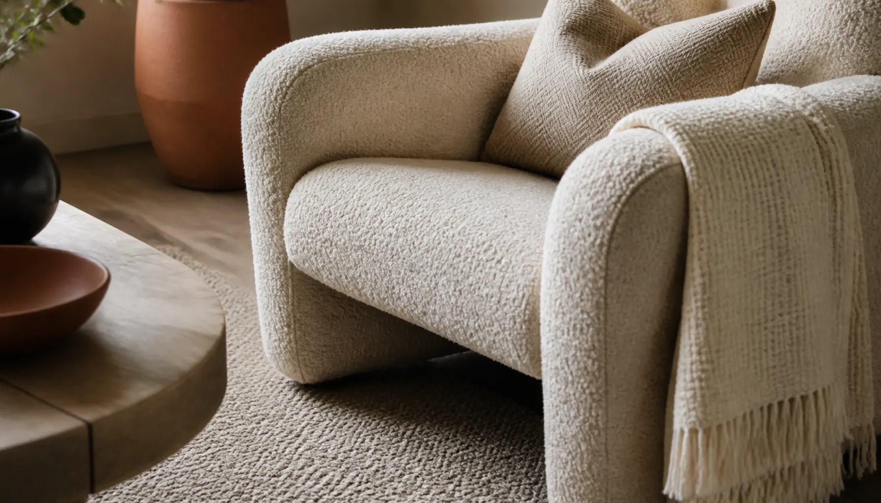 Neutral living room close view of a waffle weave throw, herringbone cushion and boucle chair on a low wool rug