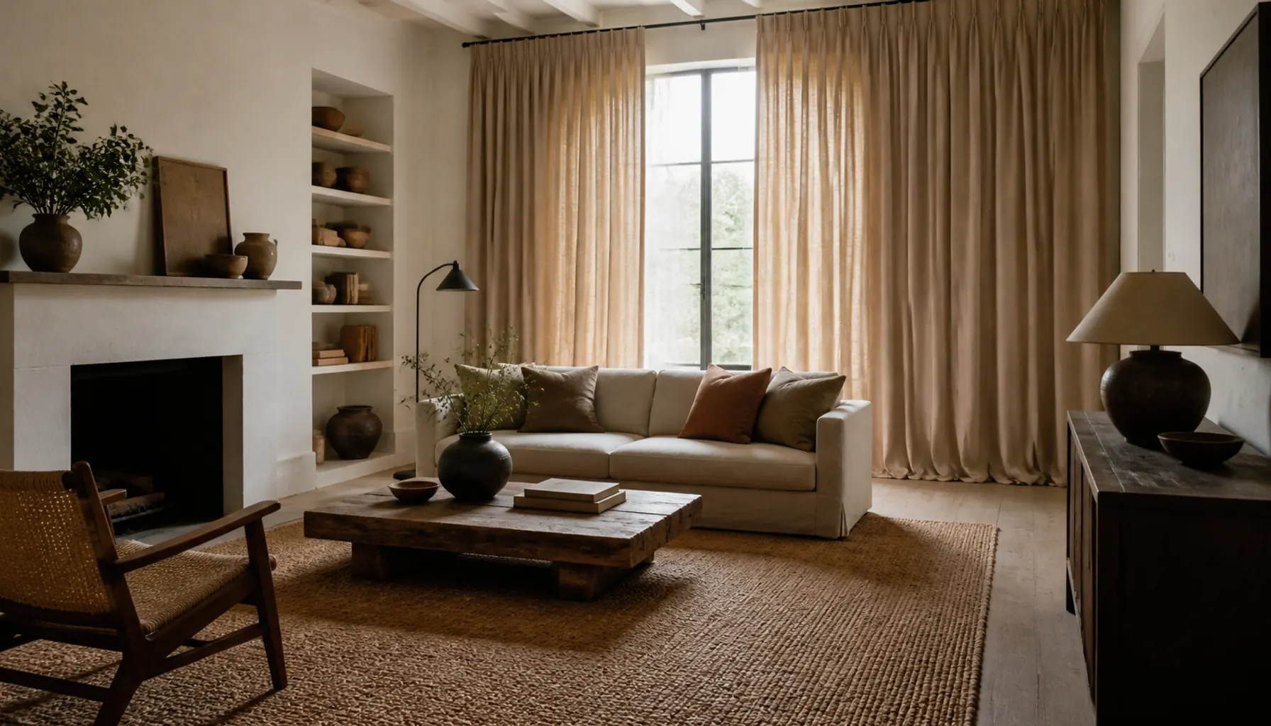 Wide living room view showing a coarse looped wool rug and heavy slub linen curtains seen from across the room