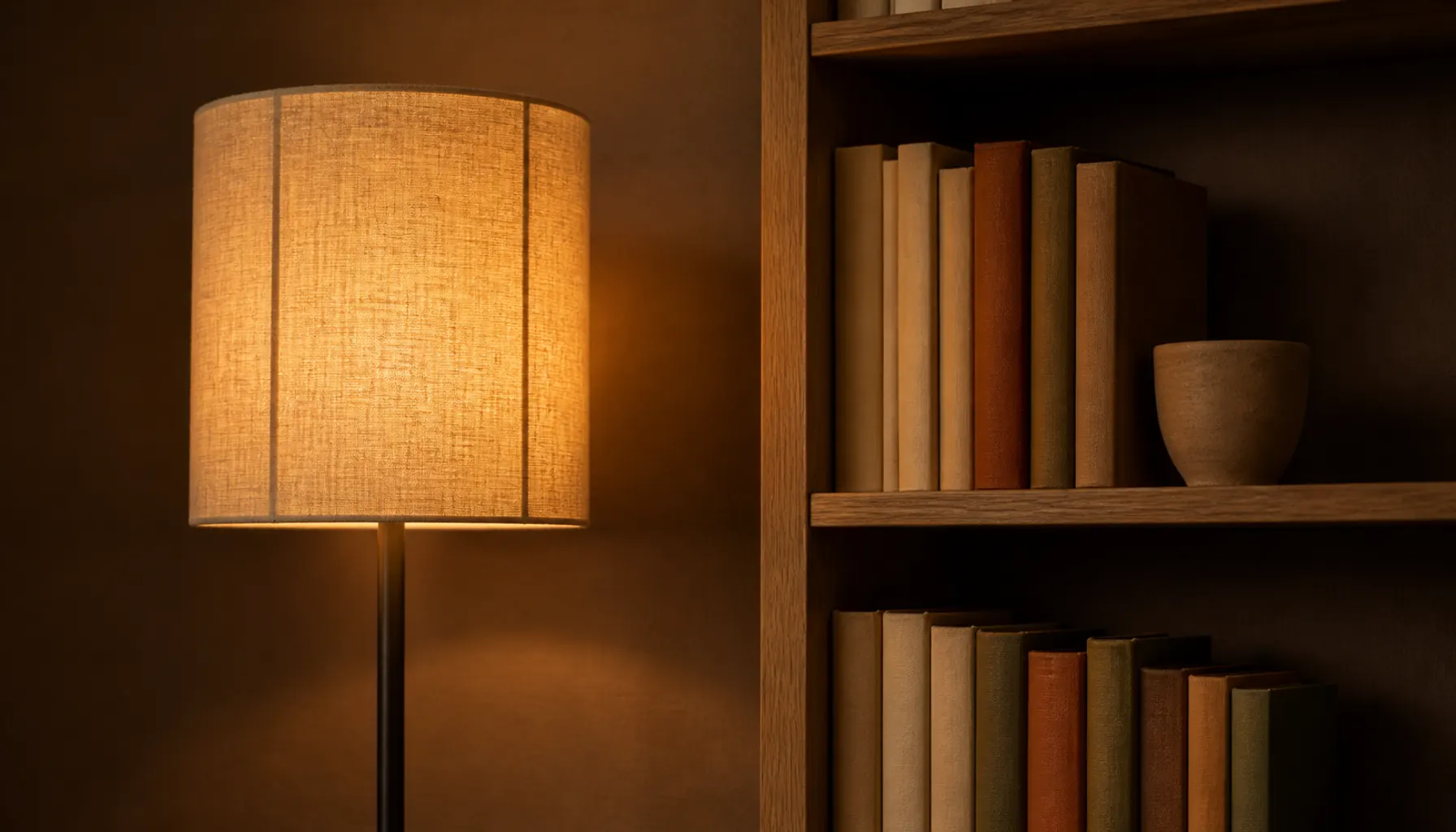Warm evening living room with a coarse linen lampshade glowing beside a shelf of cloth-bound books