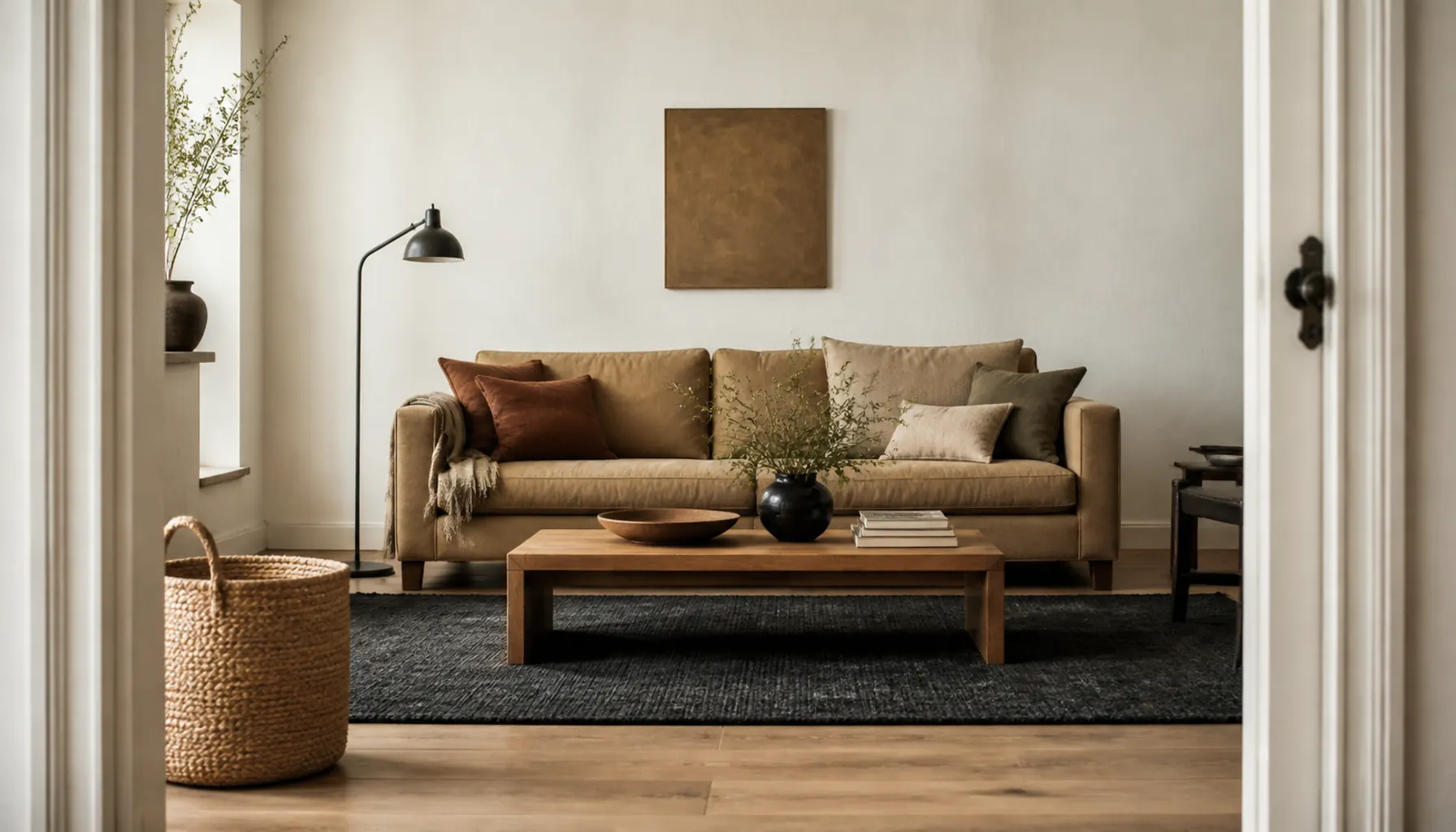Neutral living room seen from the doorway showing clear light, mid and dark surfaces in soft daylight