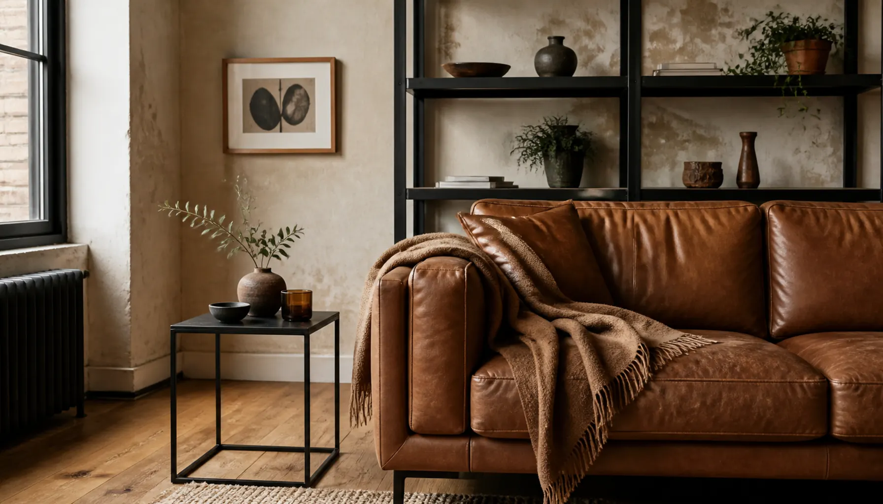 Black steel shelving and a black-framed side table beside a cognac leather sofa in a cream plaster room