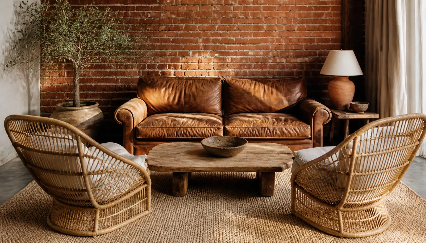 Rattan lounge chairs and a worn cognac leather sofa in a living room with a brick wall and jute rug