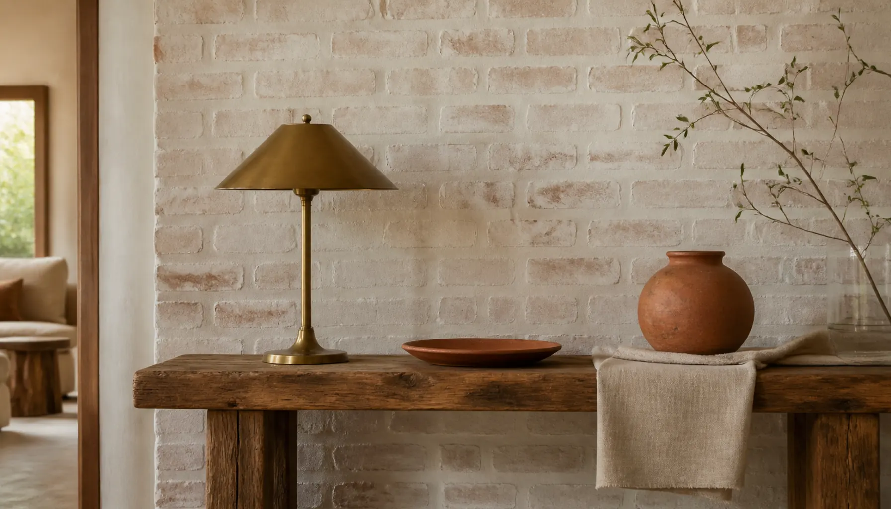 Exposed brick wall washed in a soft clay tone behind a reclaimed timber console and aged brass lamp
