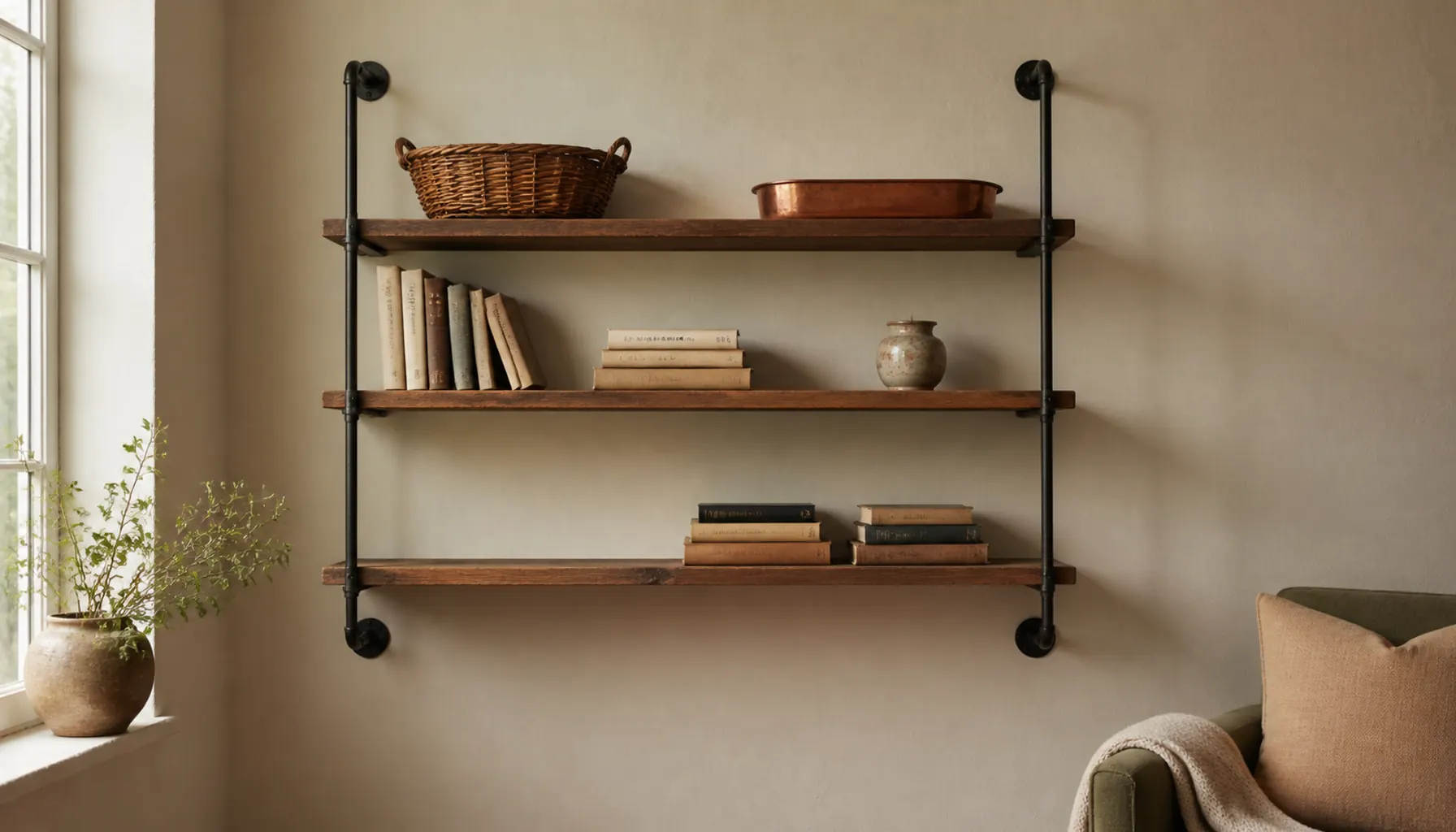 Black iron pipe shelving styled sparsely with books, a woven basket and a copper tray beside a window