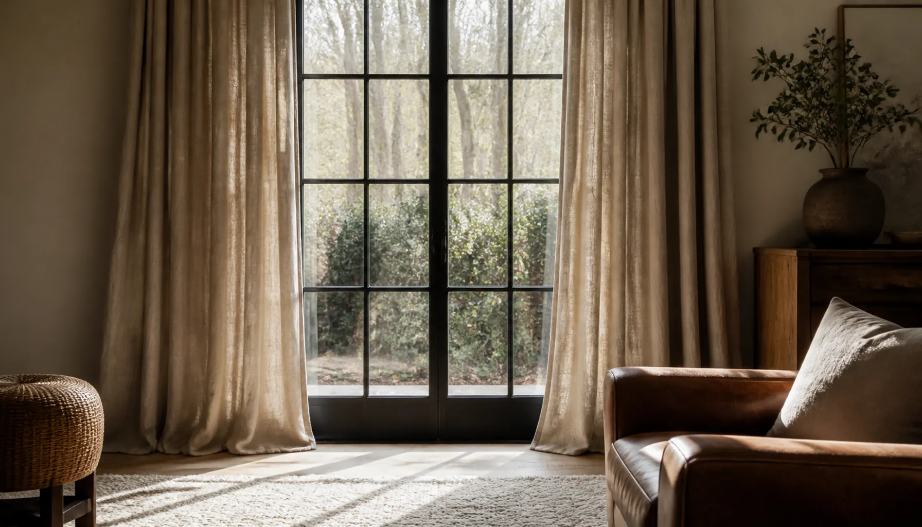 Tall window with black frames and full-height oatmeal linen curtains in a warm industrial living room
