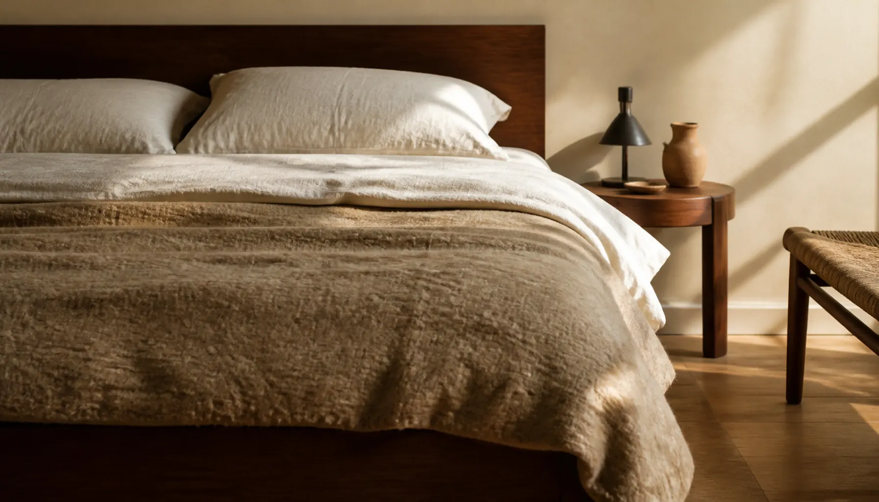 A made bed in a warm neutral bedroom with a folded linen top sheet, waffle cotton blanket and heavy wool throw layered at the foot