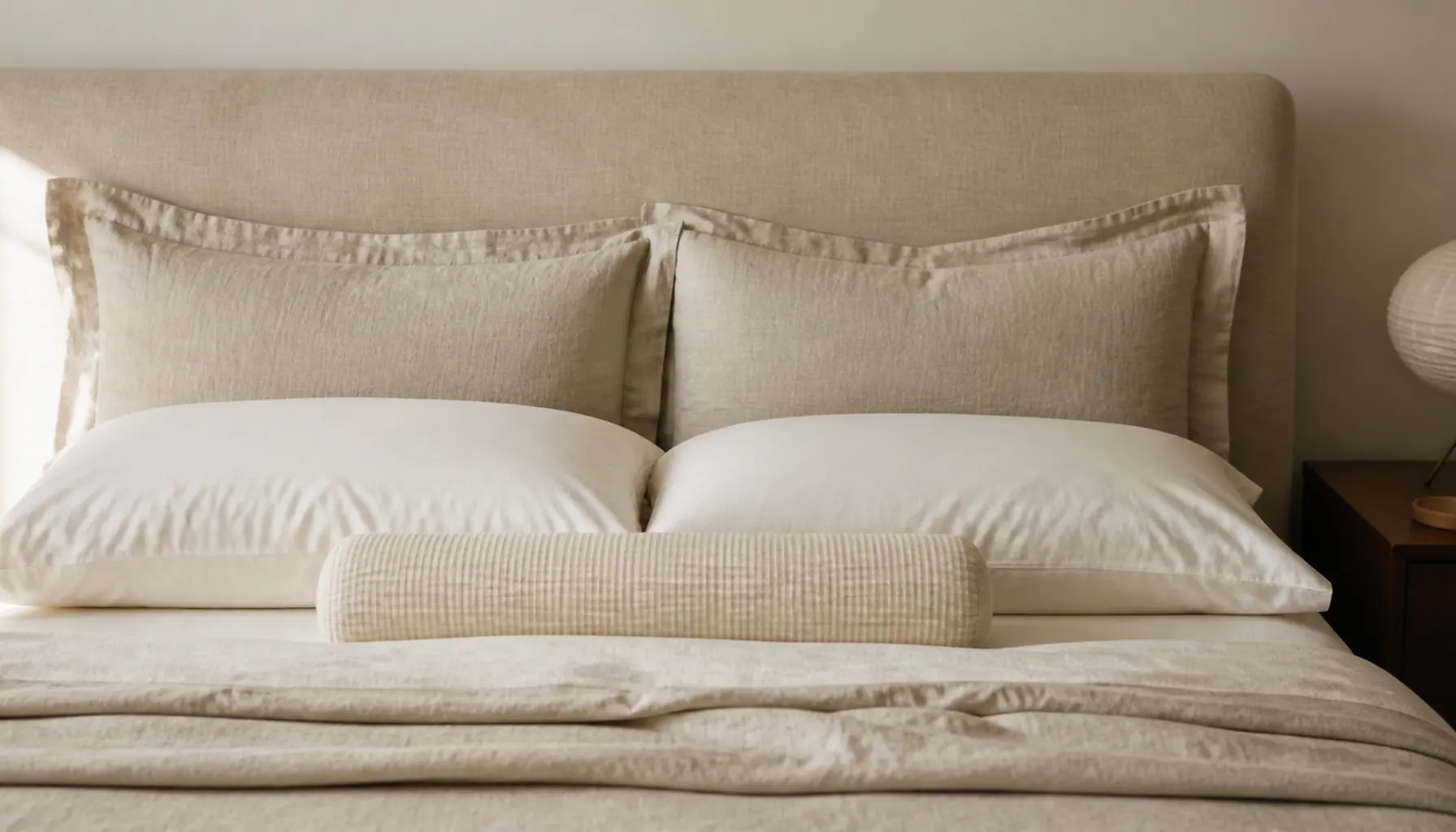 Layered bed pillows in warm neutral linen with two flat sleeping pillows in front of two upright shams and a small bolster