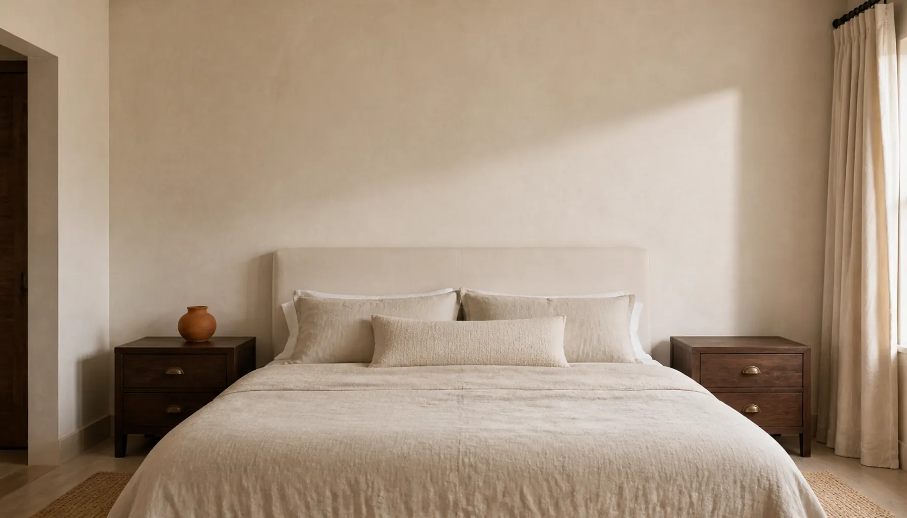 Warm neutral bedroom with cream walls, sand linen bedding and a pair of walnut nightstands anchoring the scheme