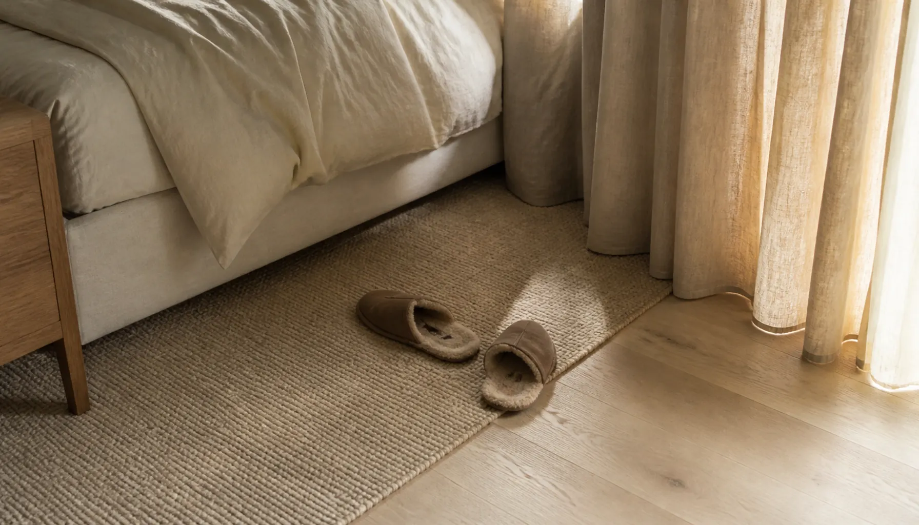 Bedside detail of a warm neutral bedroom with a wool rug beside the bed, oiled oak nightstand and linen curtain panel