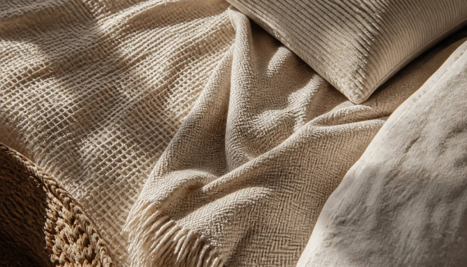 Close view of warm neutral bedroom textiles showing waffle weave, herringbone wool and ribbed cotton in the same sand tone