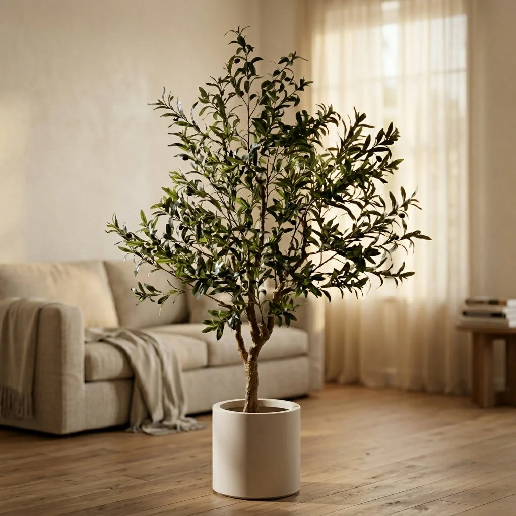 A faux olive tree filling the corner behind a beige sofa in a sunlit living room