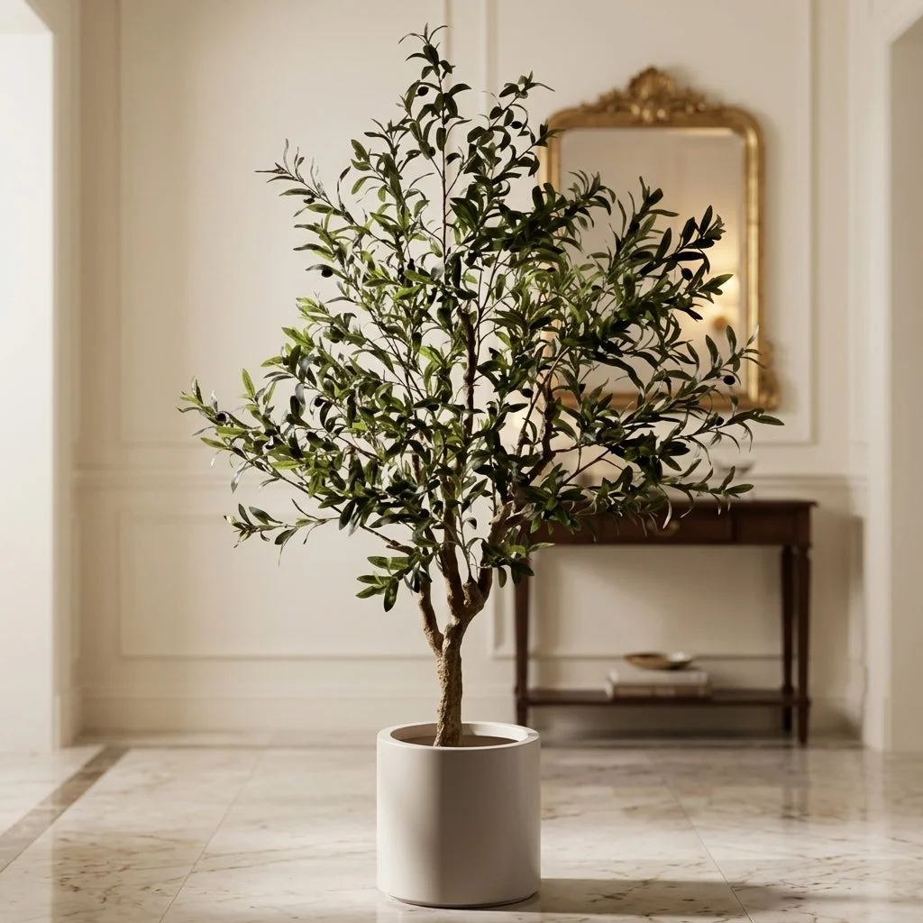 A faux olive tree in an entryway beside a console table and gold mirror