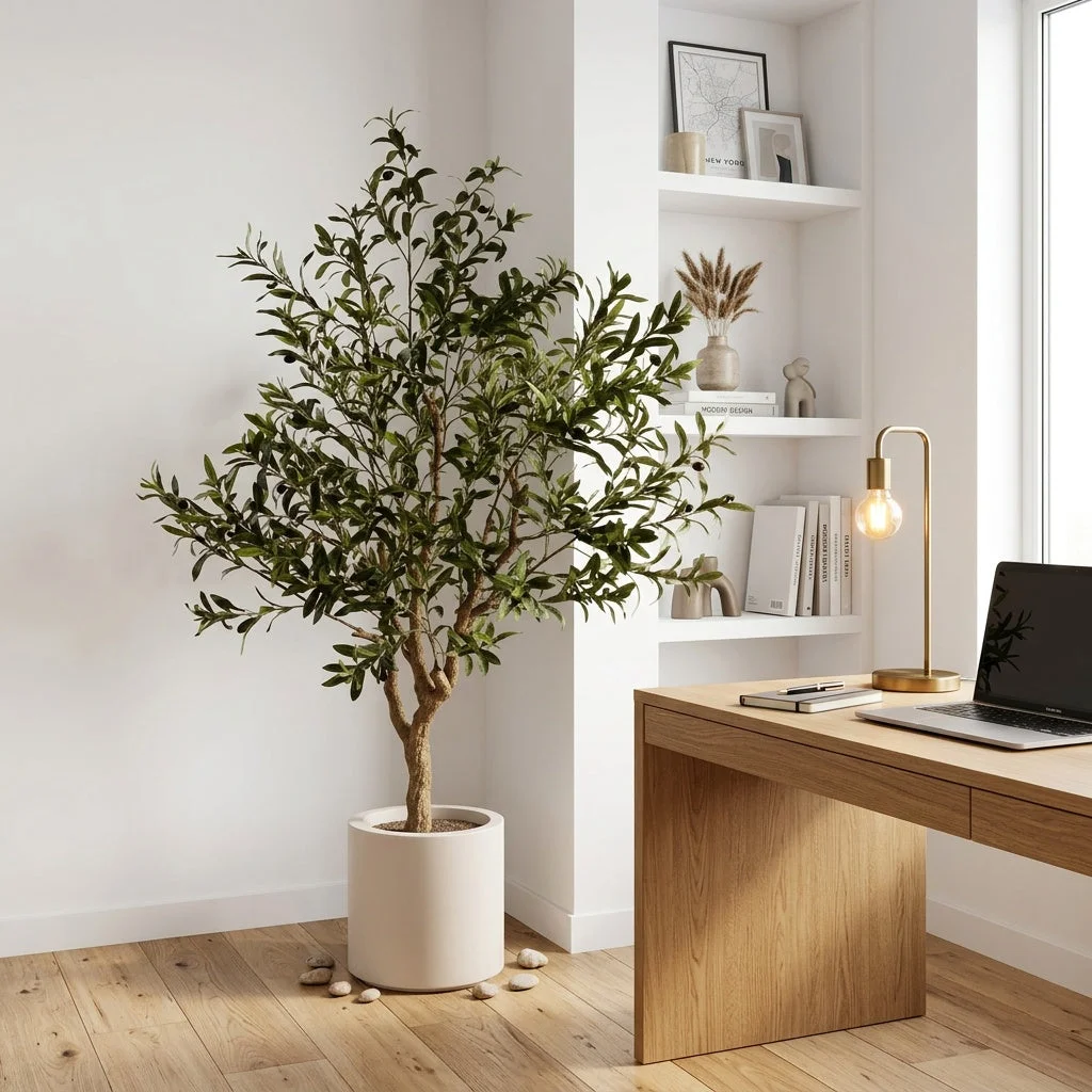 A faux olive tree anchoring a bookshelf corner next to a home office desk