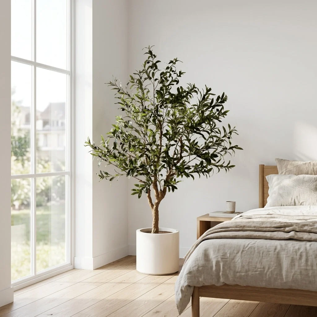 A faux olive tree in a bright bedroom corner beside a window and bed