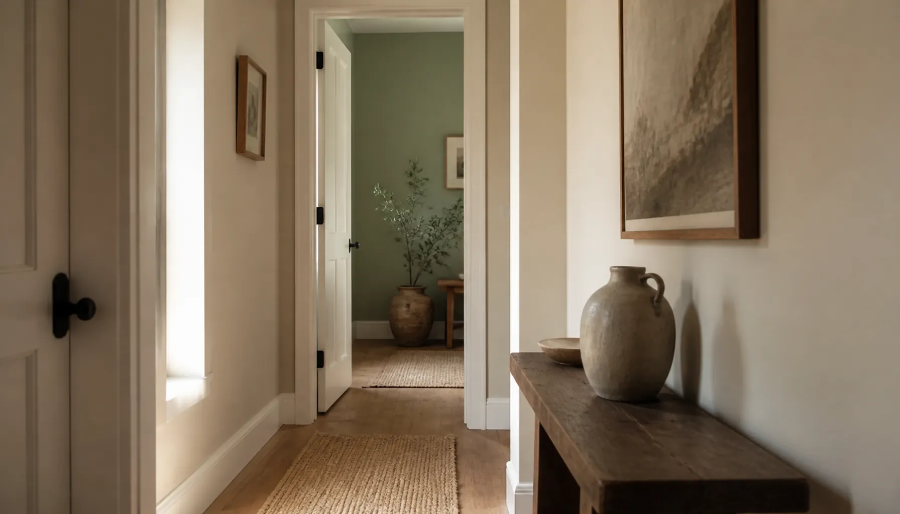 A pale mushroom hallway with an open door showing a sage green room beyond