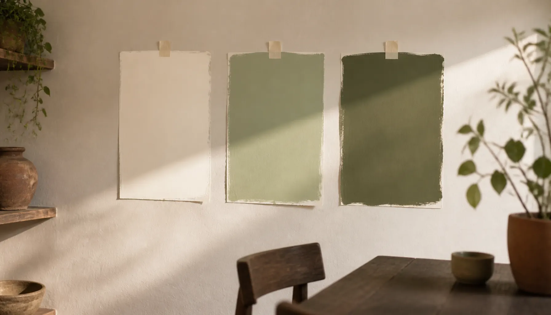 Three large paint samples taped to a wall showing off white, pale sage, and deep olive