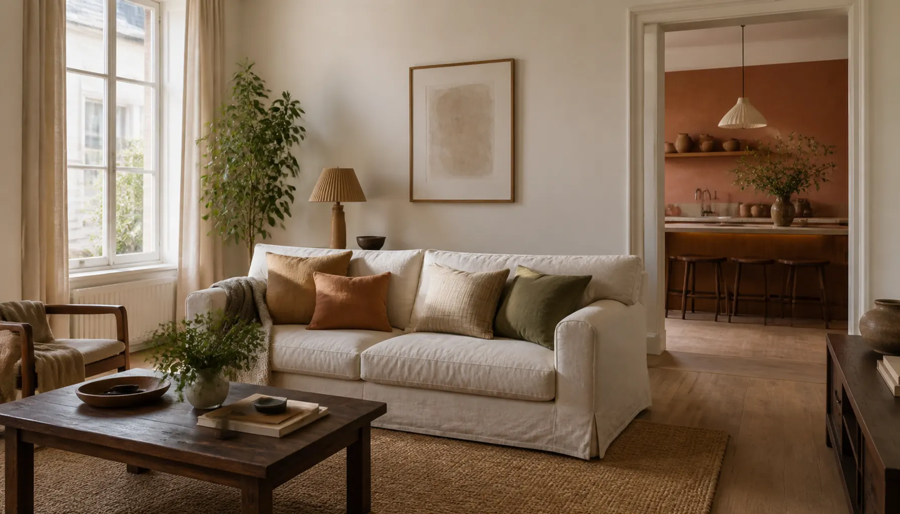 An open plan living space in a warm neutral with a deeper secondary color visible through a doorway