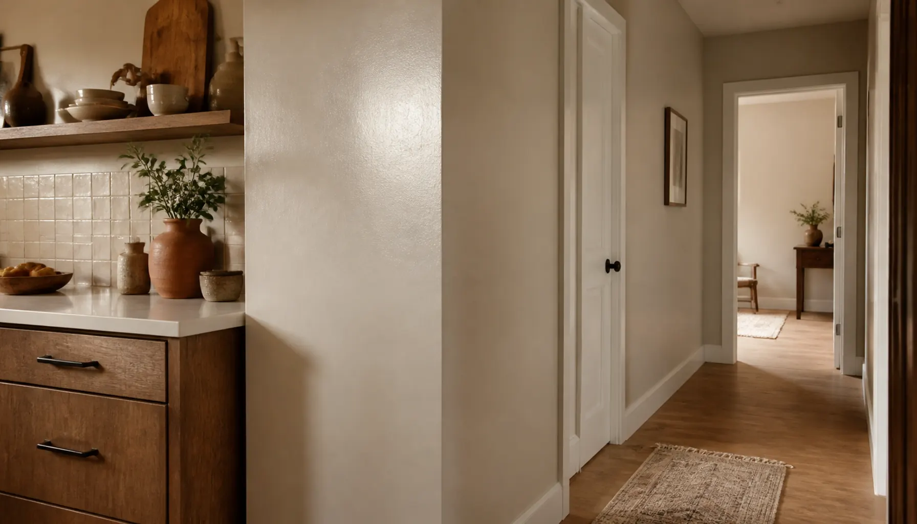 A kitchen wall in eggshell finish beside a matte hallway in the same color