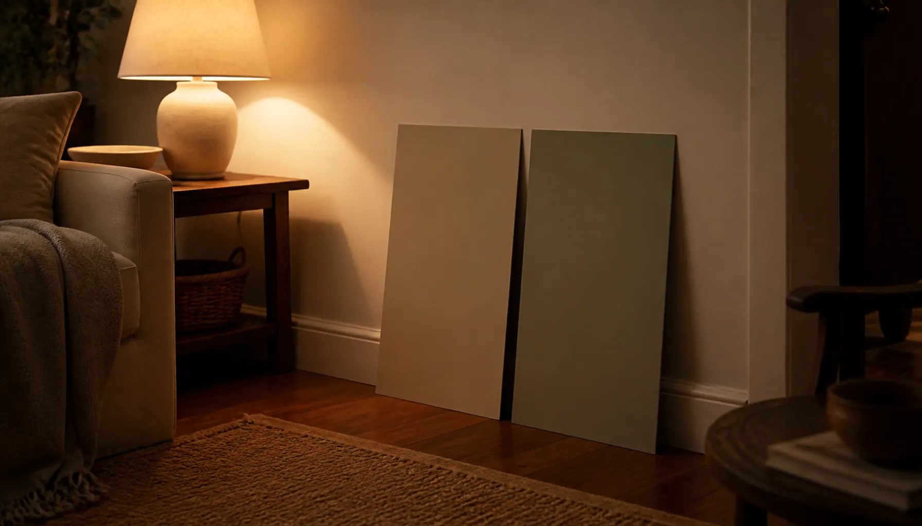 Two large paint sample boards propped against a wall in evening lamplight