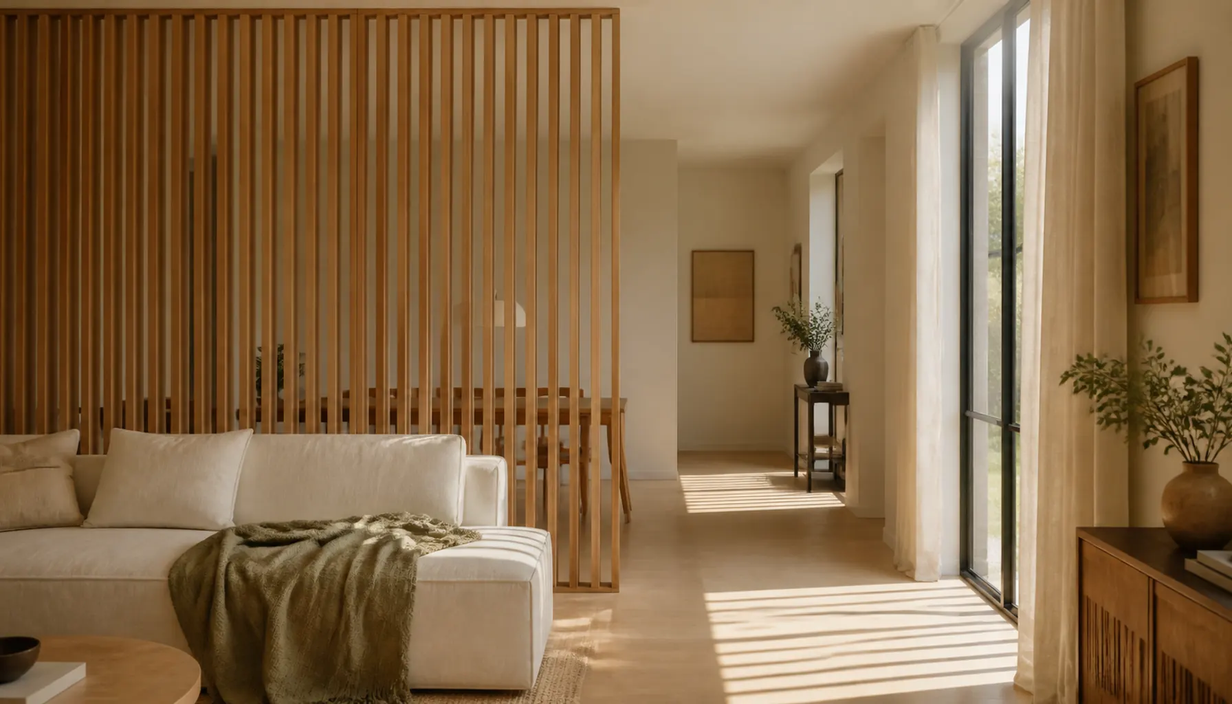 Warm oak slat screen dividing an open living room from a dining area, with a cream sofa on one side and daylight passing between the slats