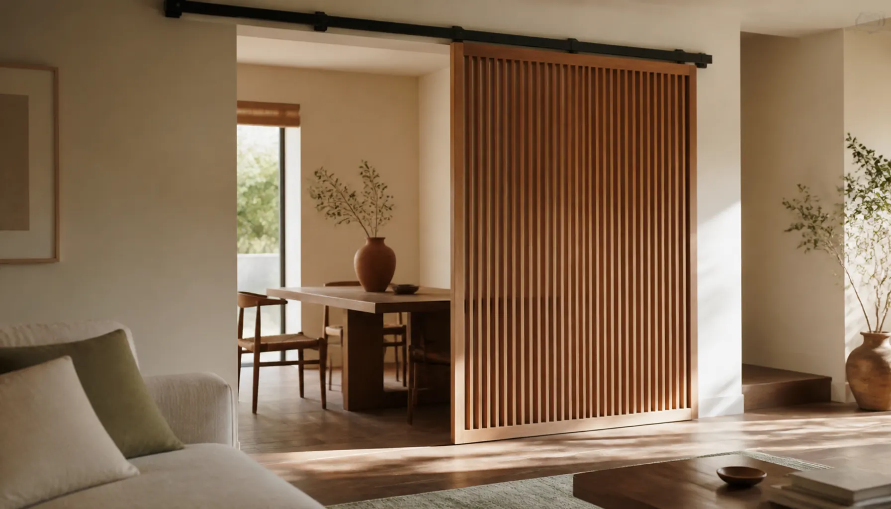 Sliding wood slat panel on a ceiling track partly closing off a dining area in a sand and cream open plan room