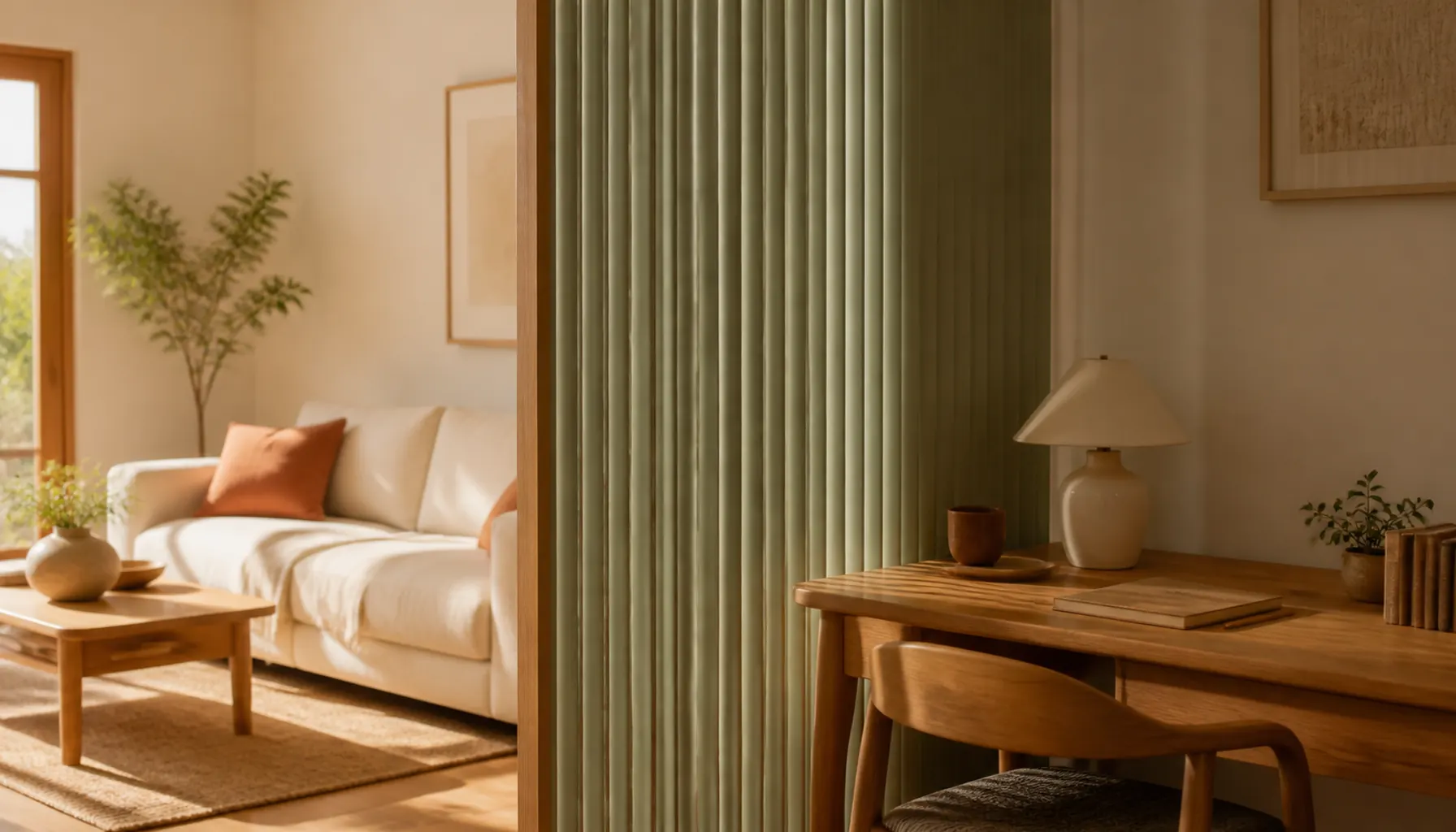 Reeded painted wood panel screening a small desk nook from a living room, warm daylight from the left, sage and cream tones