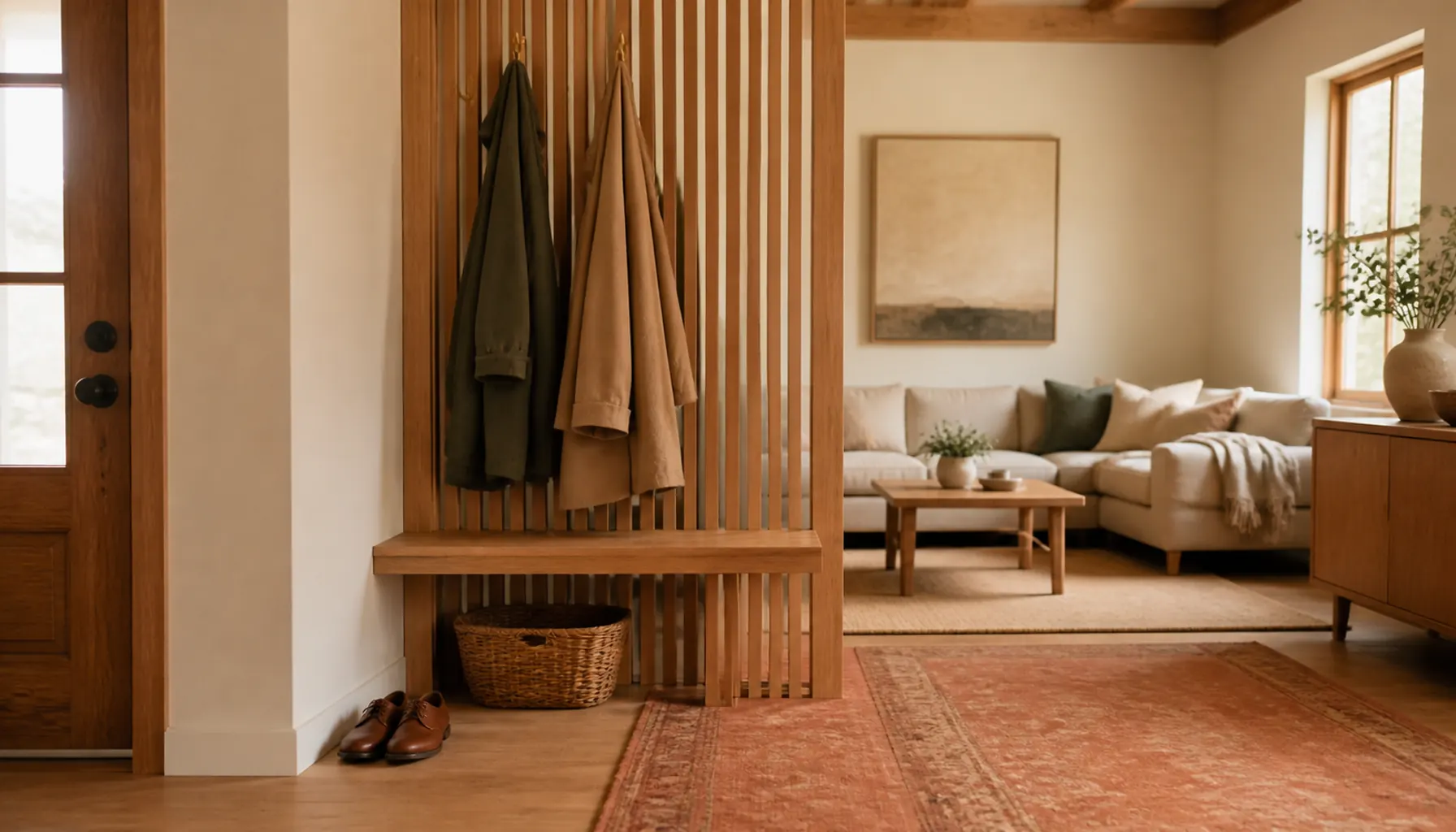 Low wooden bench with a waist-height slat screen at the edge of a living room near a front door, coat hooks and a woven basket in warm neutrals