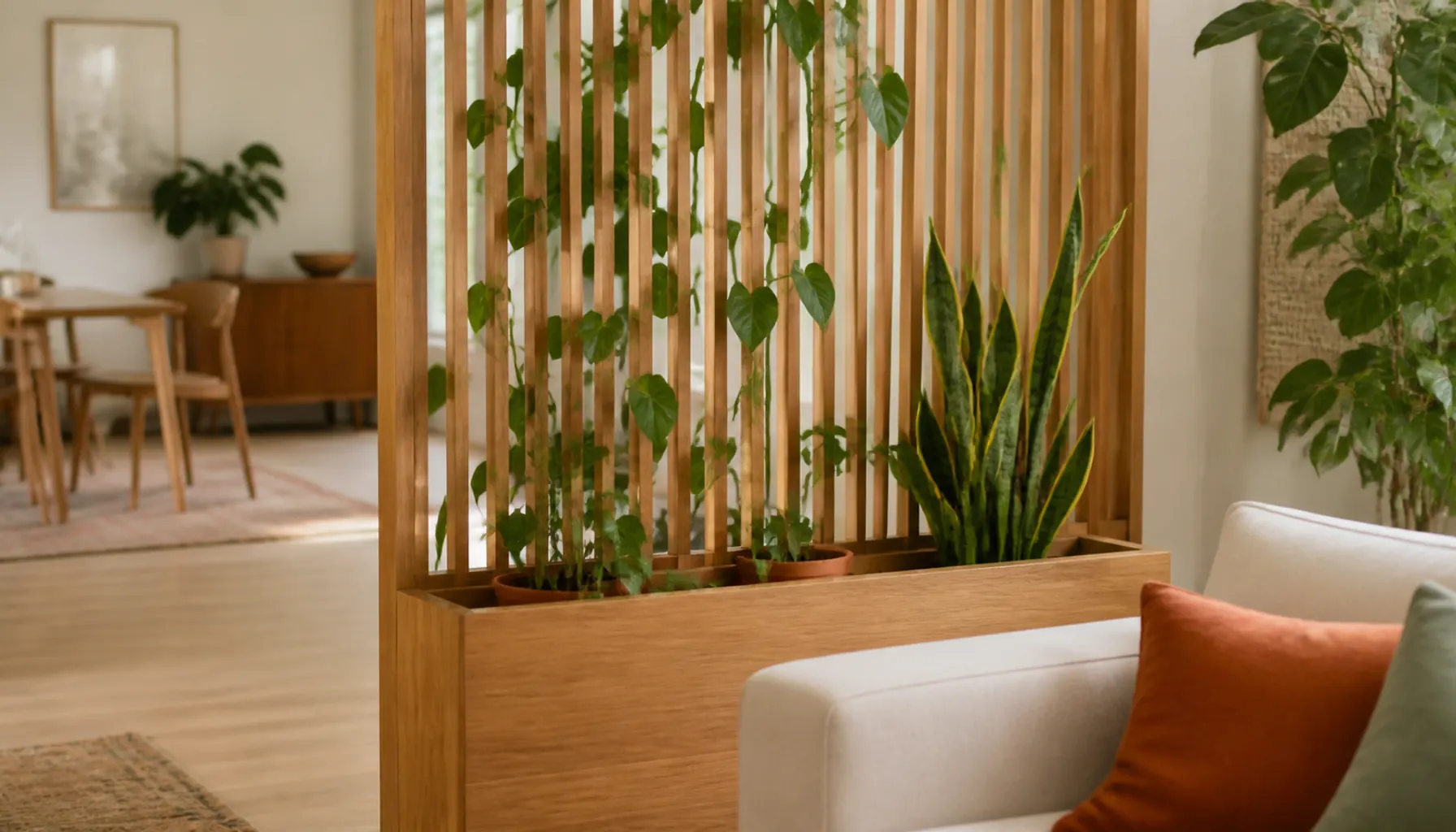 Freestanding oak slat screen with a built-in planter box at its base, trailing plant softening the vertical slats, terracotta pot and soft daylight