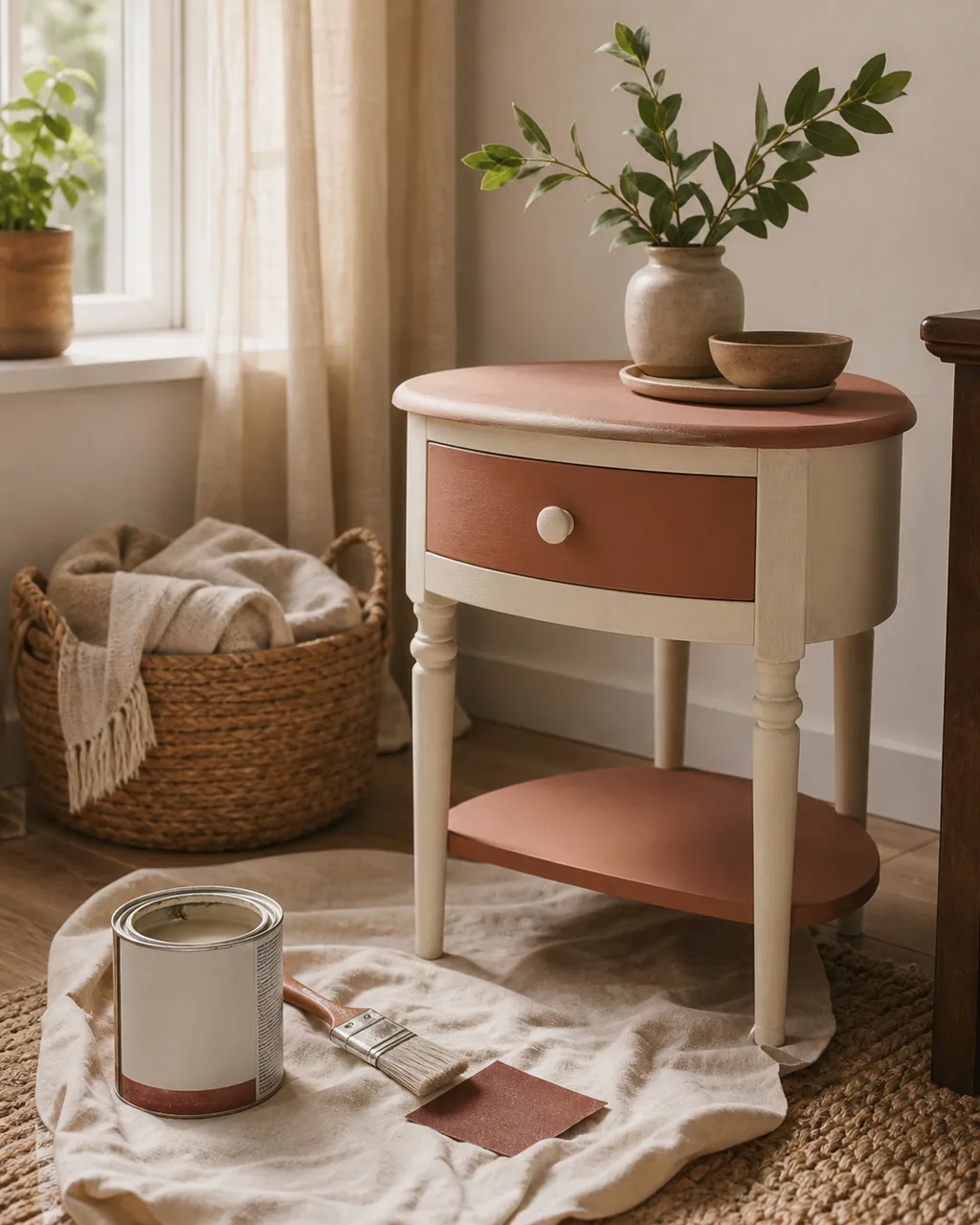A cozy DIY corner with a small furniture makeover in progress, paint and tools in warm tones
