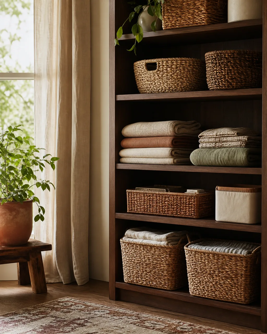 A tidy, organized corner of a home with labeled baskets and neat open shelving in warm tones