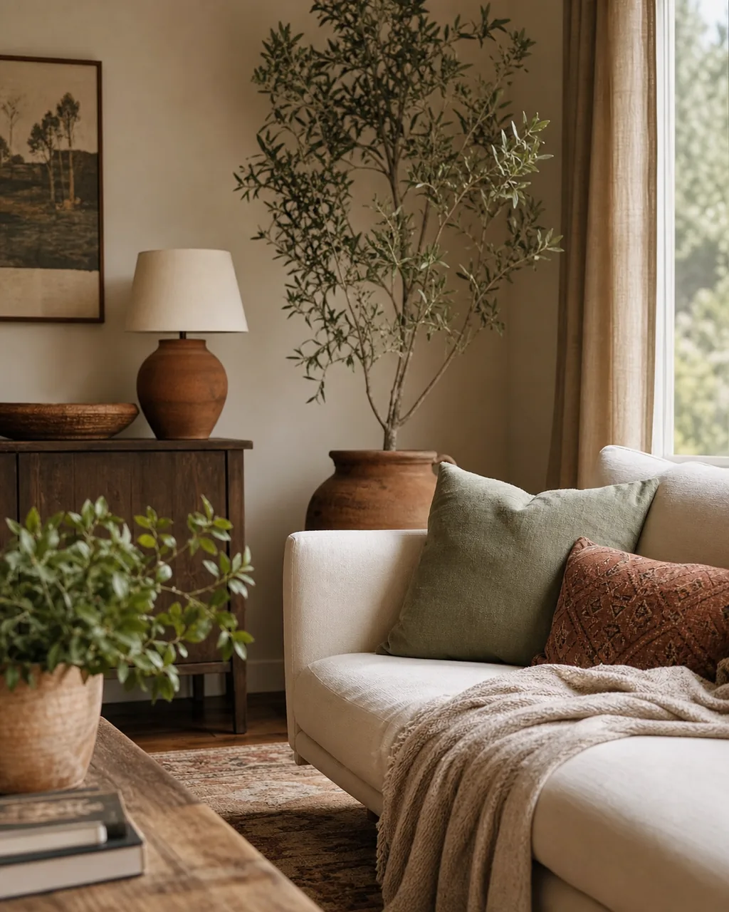 A styled living room corner in warm neutrals with terracotta and sage accents and soft daylight