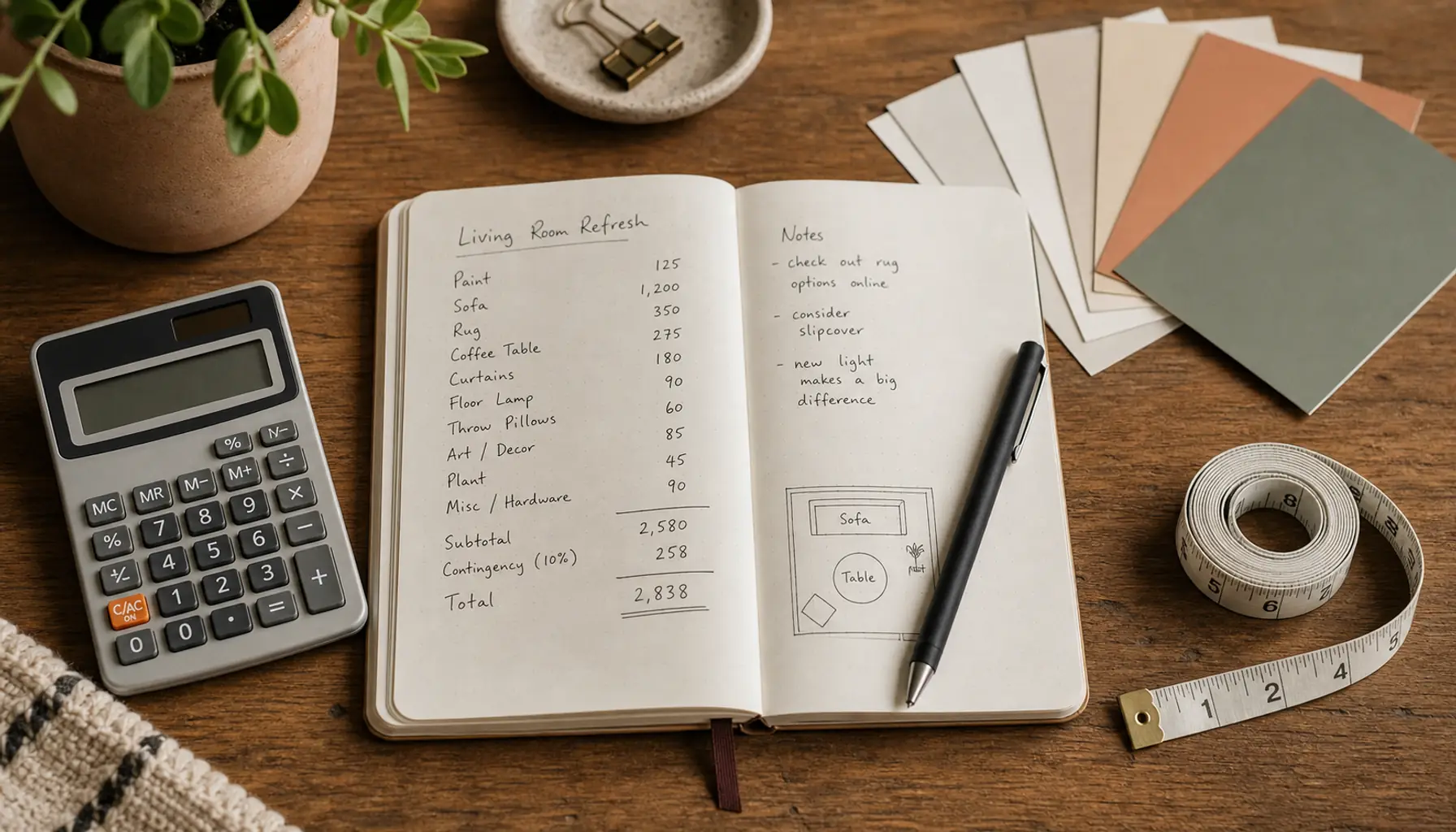 A room makeover budget planned with a notebook, calculator, paint chips and a tape measure