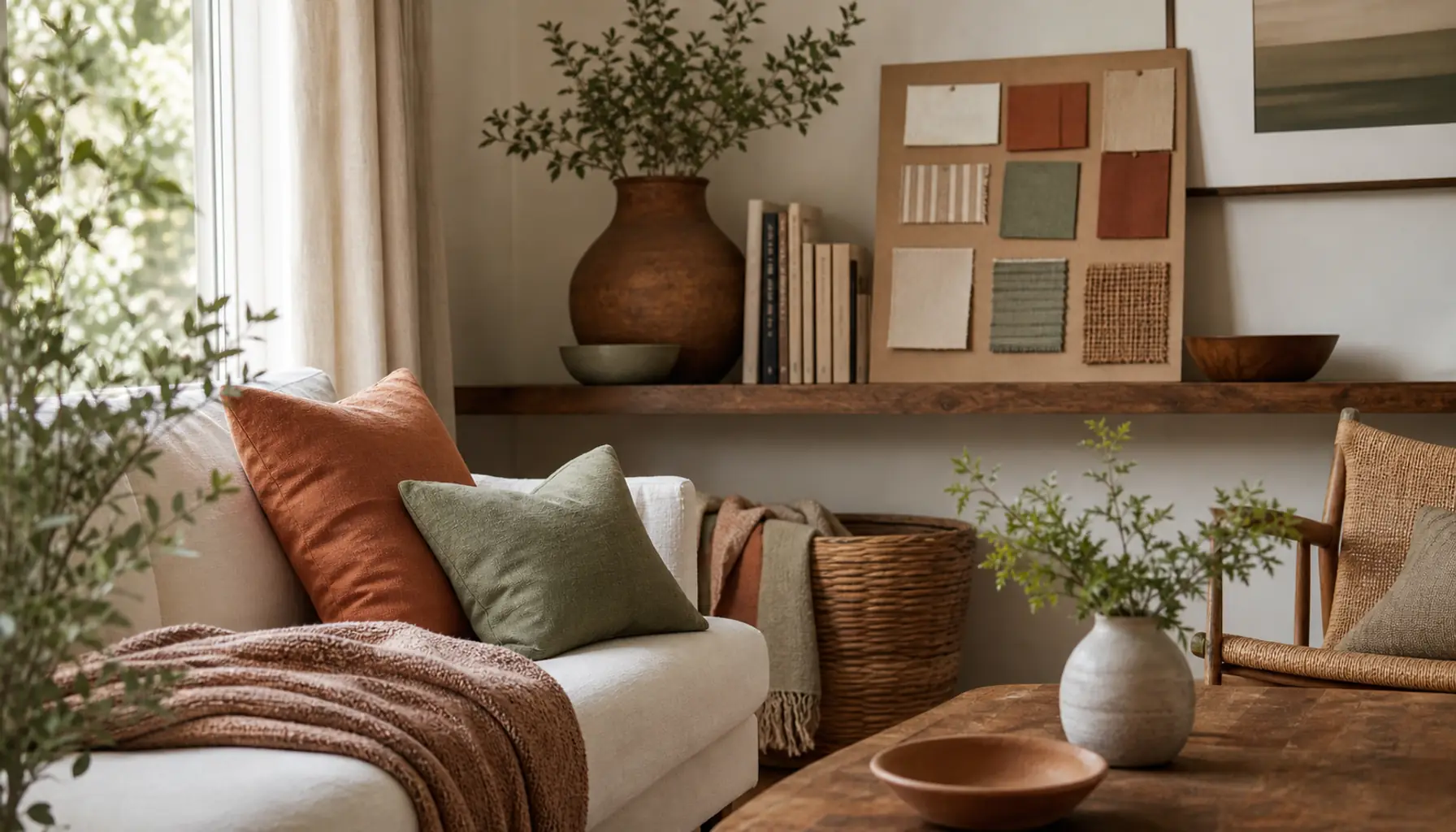 A warm styled living room corner representing a chosen home decor style