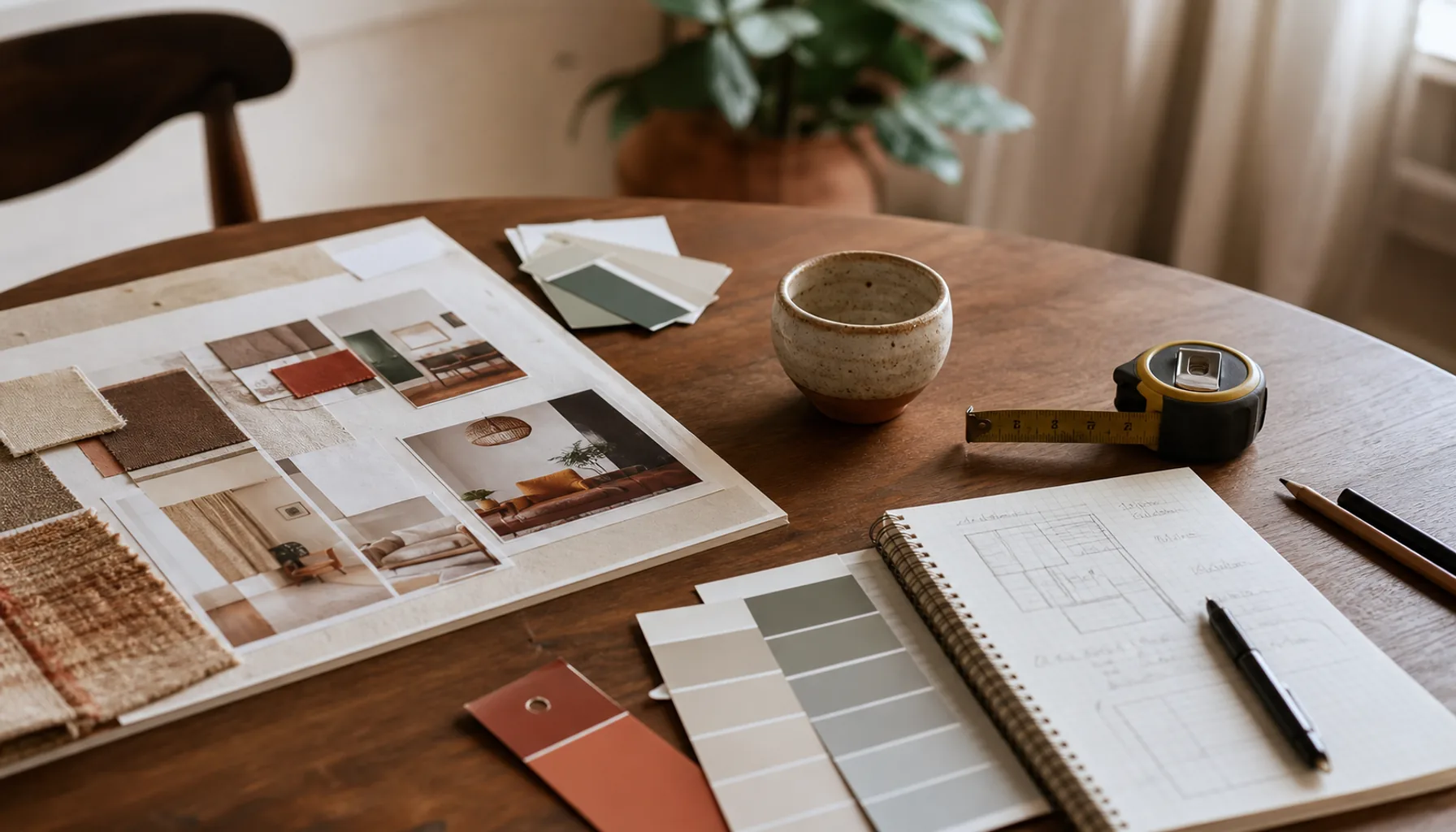 Planning a room makeover with a mood board, paint chips, a tape measure, and a budget sketch on a warm wood table